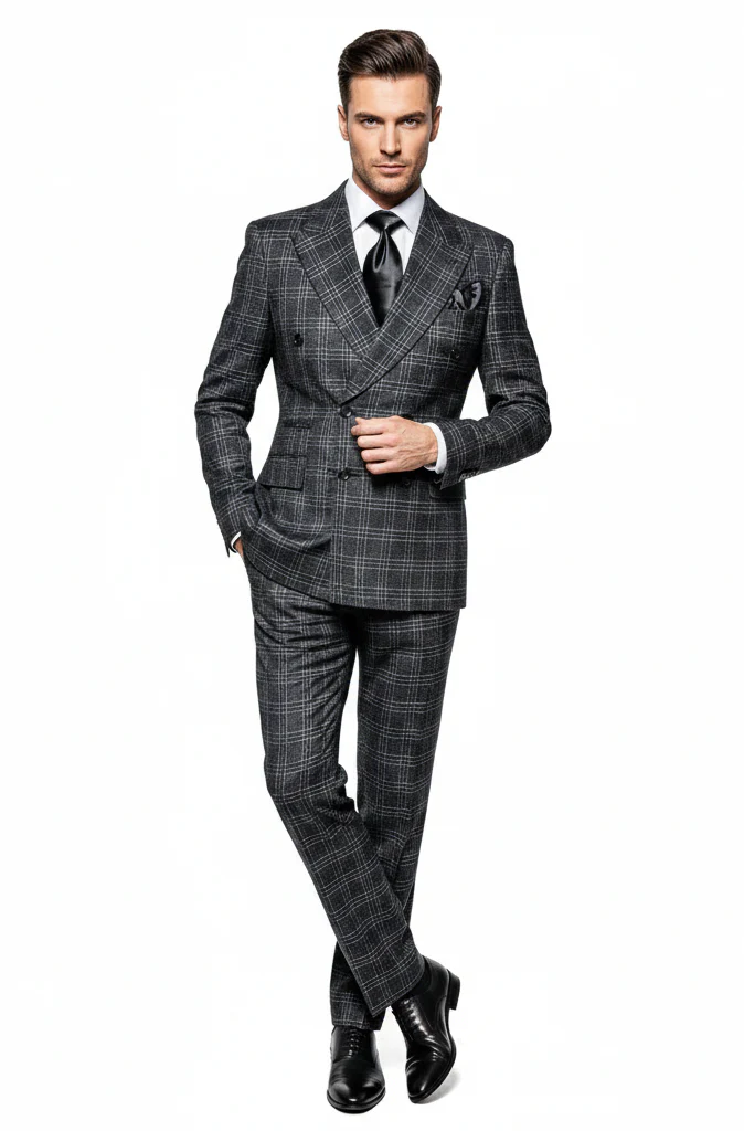 Men’s Charcoal Plaid Double-Breasted Suit –  Tailored Pants Windowpane Pattern By Rossiman - Image 8
