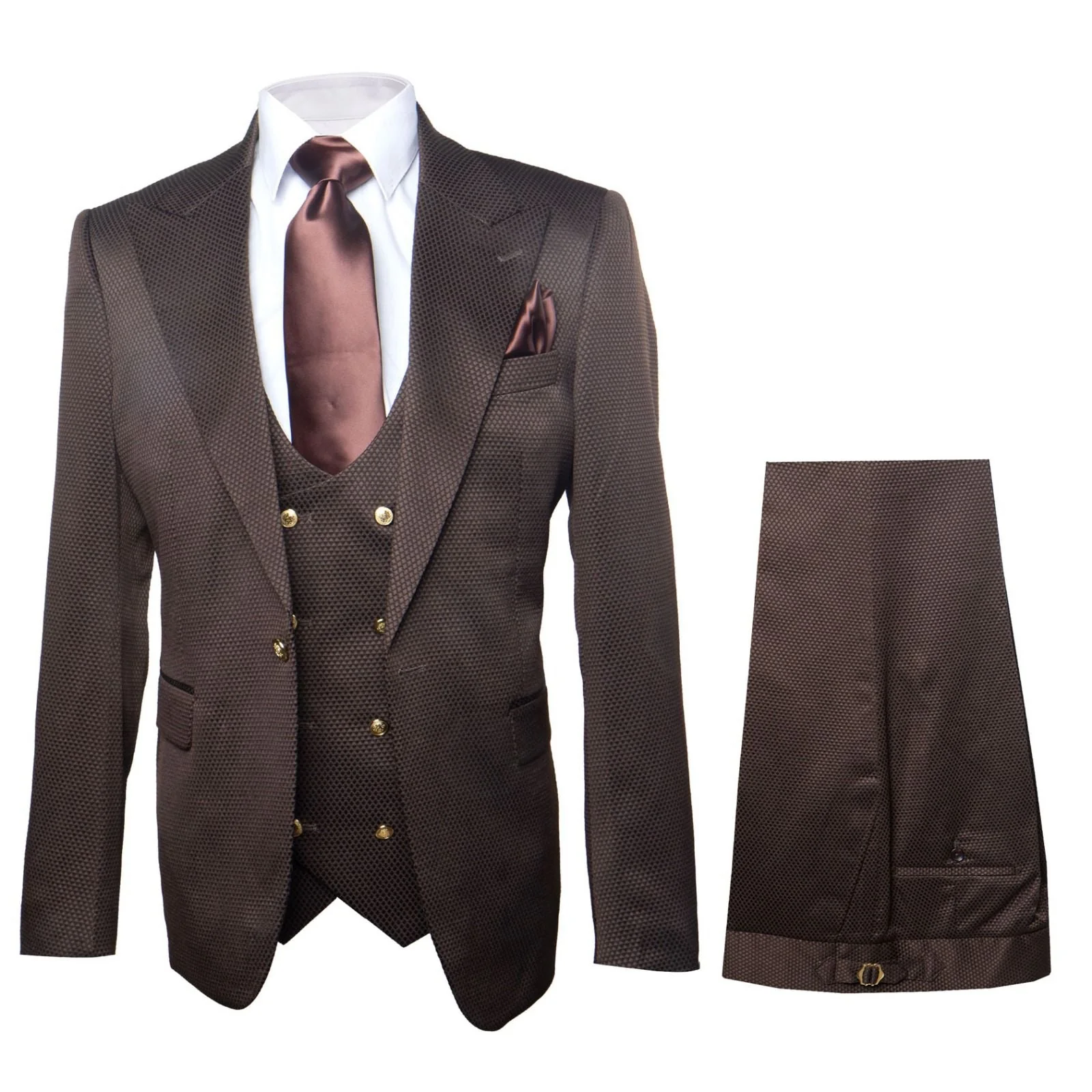 Men’s Chocolate Brown Textured 3-Piece Suit – Luxury Double-Breasted Vest Formal Set - Image 11