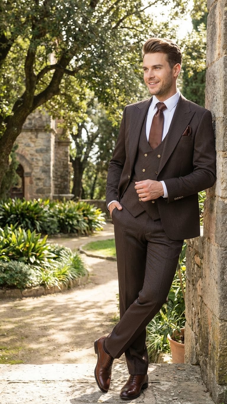 Men’s Chocolate Brown Textured 3-Piece Suit – Luxury Double-Breasted Vest Formal Set - Image 6