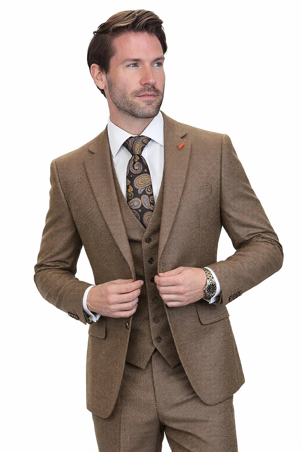 Men’s Copper Brown Micro Plaid Wool Suit – Designer Vintage Style with Vest - Image 6