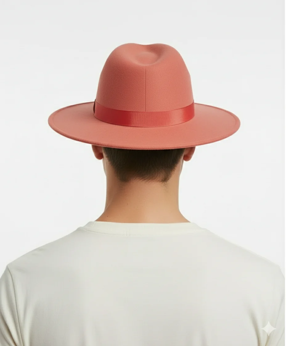 Men’s Coral Pink Wide Brim Fedora Hat – Wool Felt Dress Hat with Red Ribbon Band - Image 2