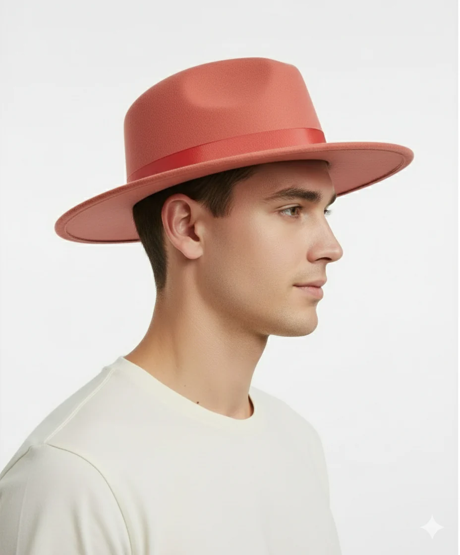 Men’s Coral Pink Wide Brim Fedora Hat – Wool Felt Dress Hat with Red Ribbon Band - Image 3