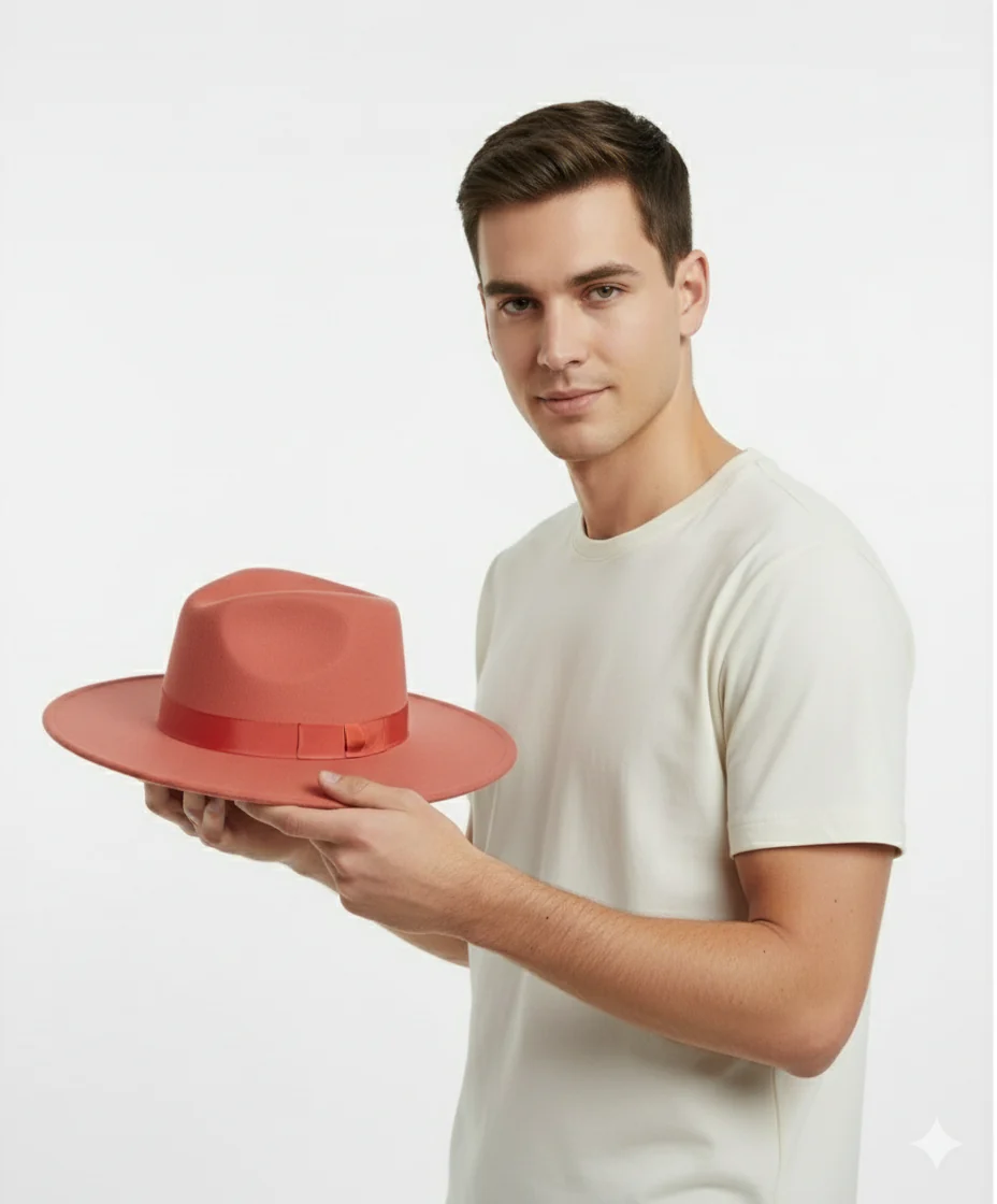 Men’s Coral Pink Wide Brim Fedora Hat – Wool Felt Dress Hat with Red Ribbon Band - Image 4
