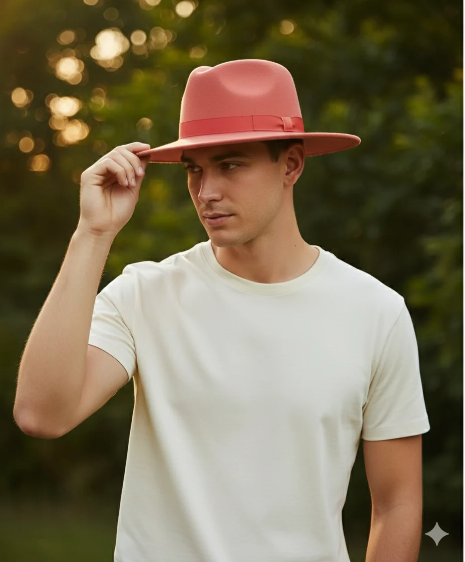 Men’s Coral Pink Wide Brim Fedora Hat – Wool Felt Dress Hat with Red Ribbon Band - Image 5