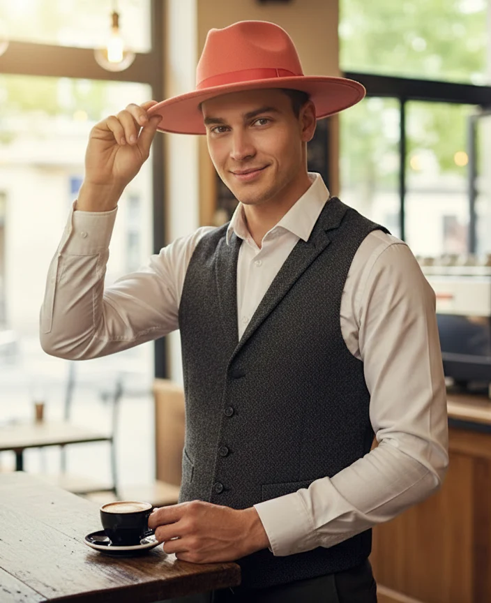 Men’s Coral Pink Wide Brim Fedora Hat – Wool Felt Dress Hat with Red Ribbon Band - Image 6