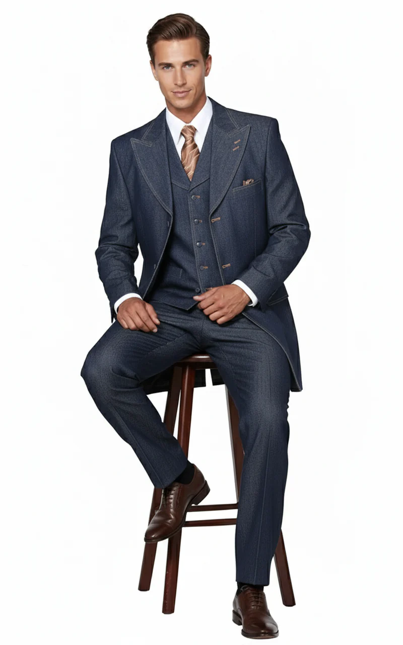 Men’s Cotton Denim Three-Piece Suit – Modern Blazer Denim Suit with Vest and Trousers Pleated Pants Classic Fit - Image 3