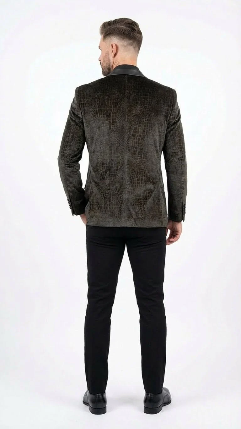 Men’s Crocodile Alligator Exotic skin Texture Blazer – Slim Fit Designer Jacket with Satin Lapels for Formal and Party Wear in Black Color - Image 2