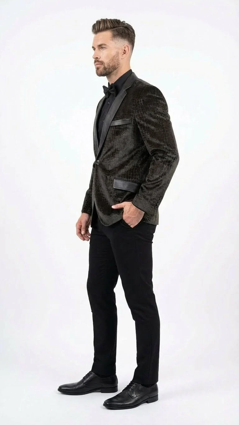 Men’s Crocodile Alligator Exotic skin Texture Blazer – Slim Fit Designer Jacket with Satin Lapels for Formal and Party Wear in Black Color - Image 3