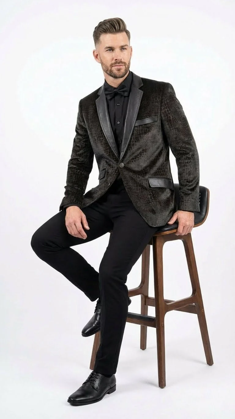 Men’s Crocodile Alligator Exotic skin Texture Blazer – Slim Fit Designer Jacket with Satin Lapels for Formal and Party Wear in Black Color - Image 4