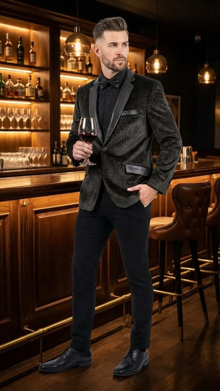 Men’s Crocodile Alligator Exotic skin Texture Blazer – Slim Fit Designer Jacket with Satin Lapels for Formal and Party Wear in Black Color - Image 9