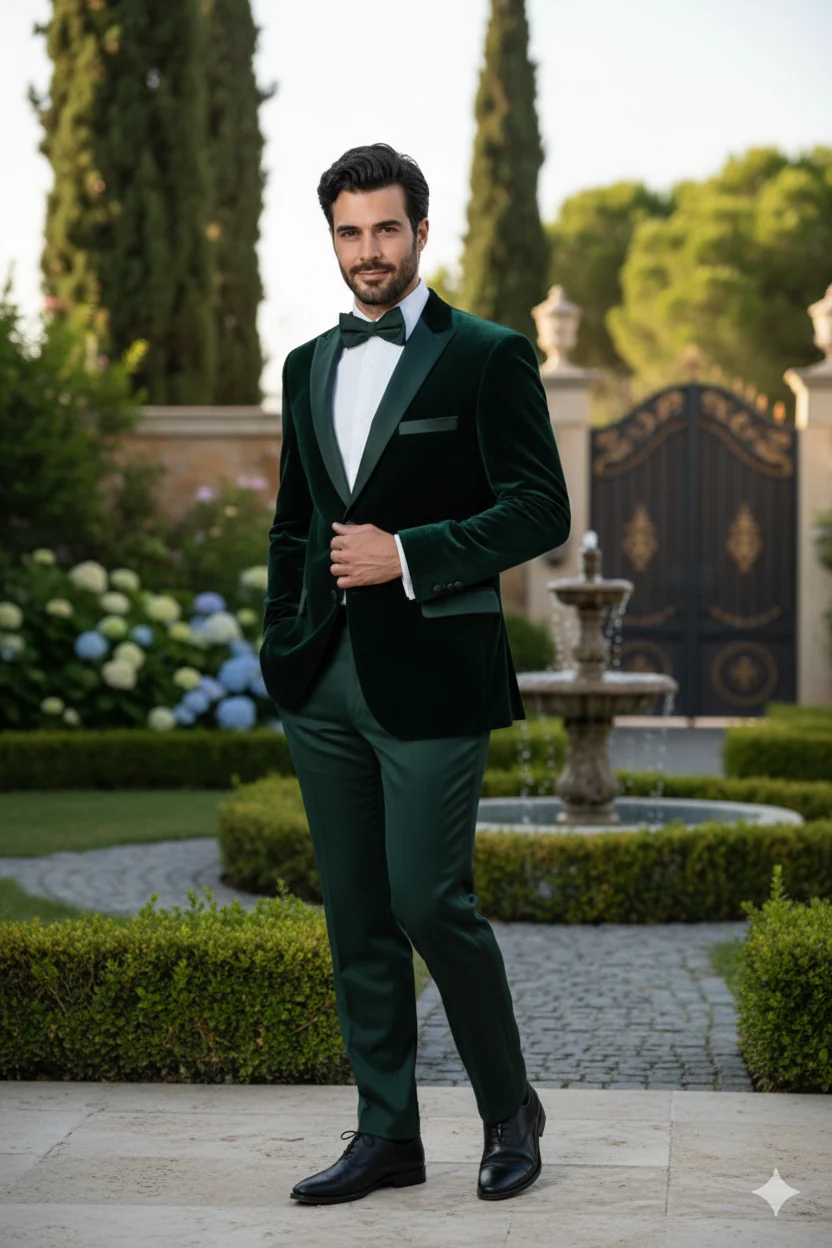 Men’s Dark Green Velvet Tuxedo Dinner Jacket – Slim Fit Formal Blazer with Satin Peak Lapel Lape - Image 4