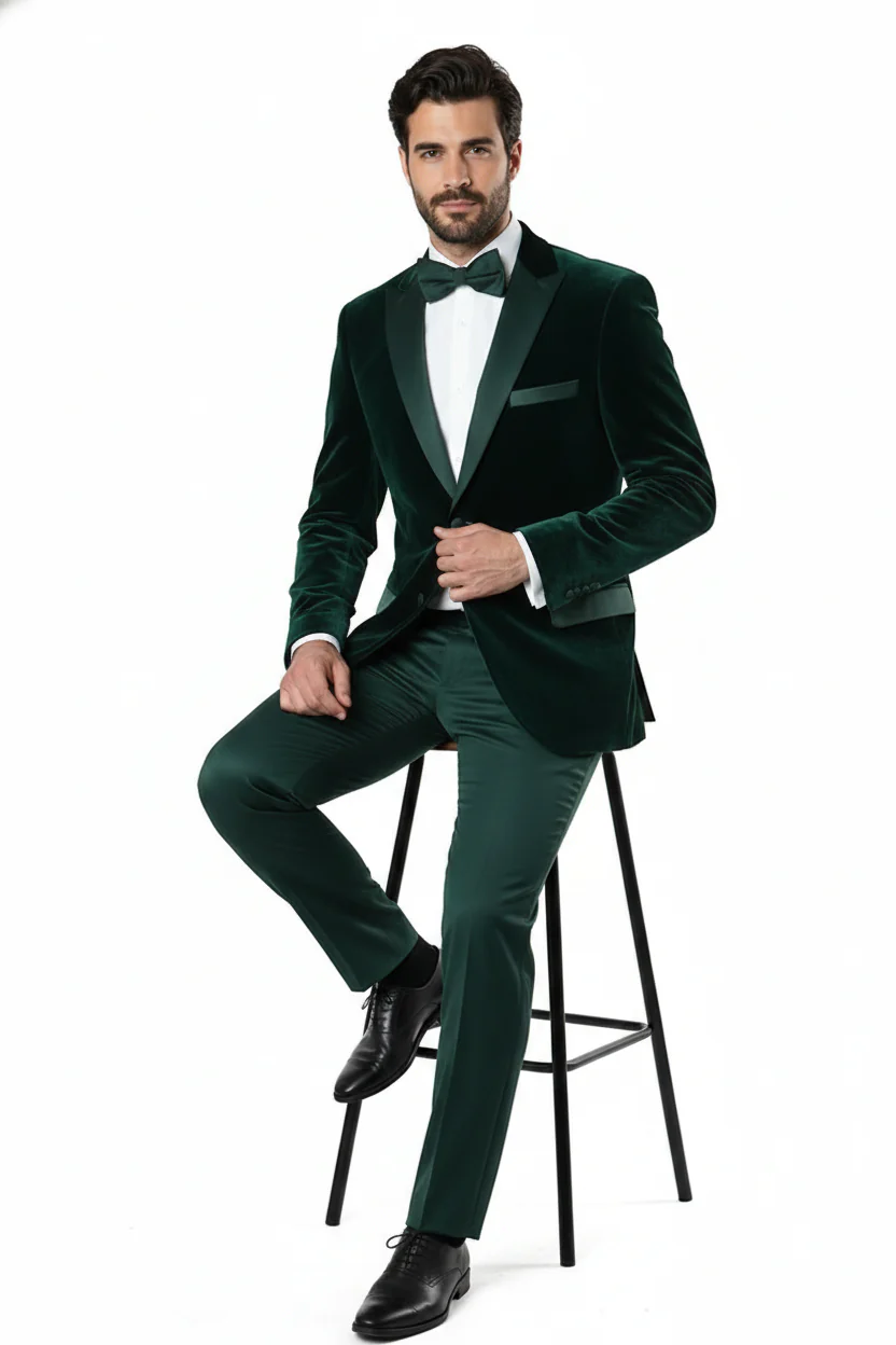 Men’s Dark Green Velvet Tuxedo Dinner Jacket – Slim Fit Formal Blazer with Satin Peak Lapel Lape - Image 5