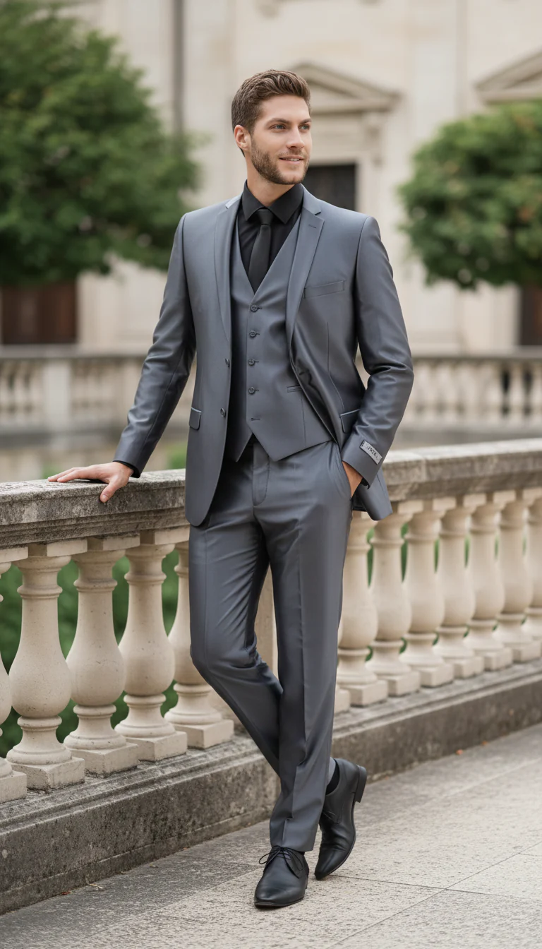Men’s Dark Grey Shiny Two-Piece Suit – Slim Fitted Formal Jacket and Tailored Pants - Sateen Metalic in Charcoal Gray Color - Image 5