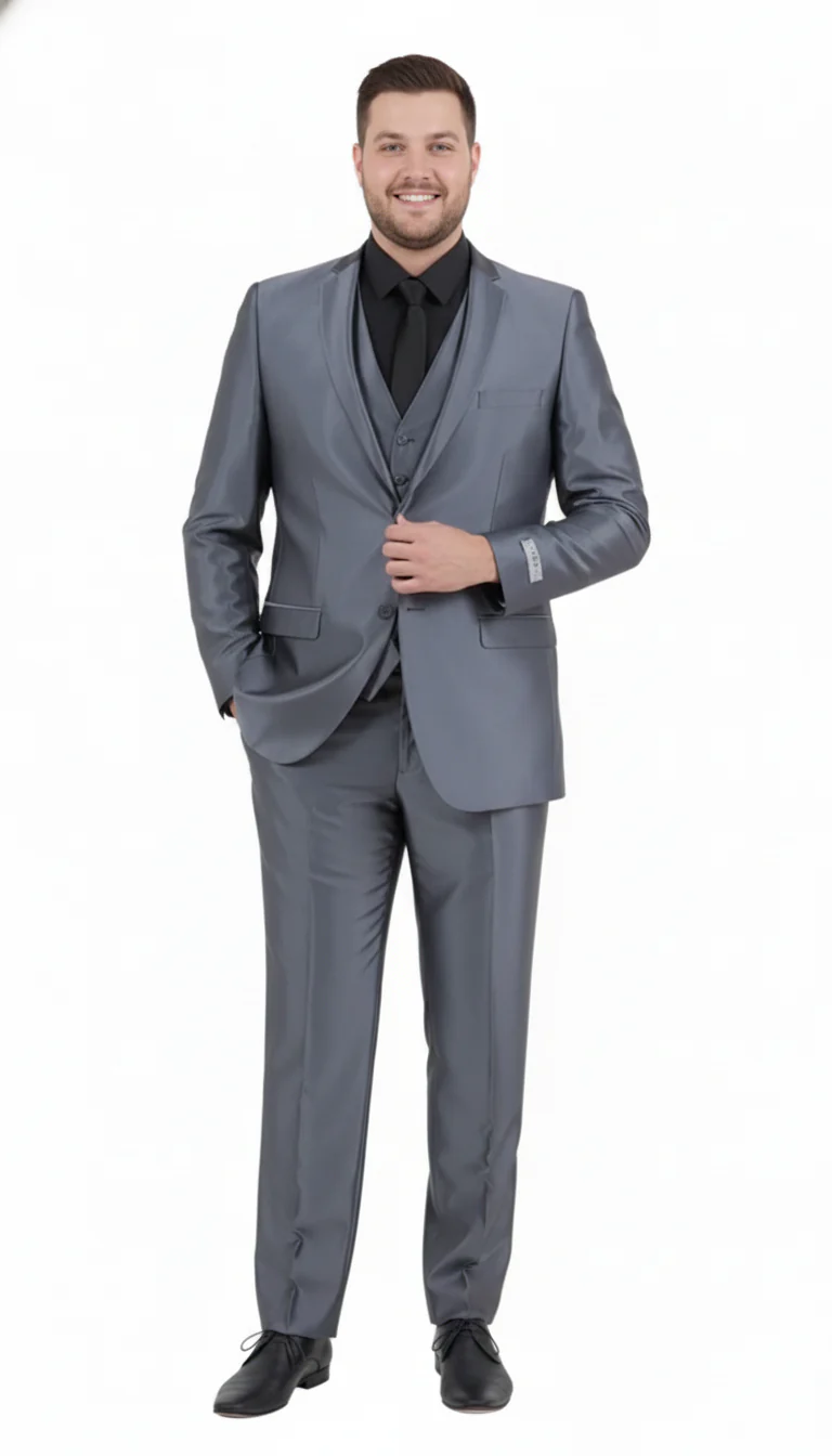 Men’s Dark Grey Shiny Two-Piece Suit – Slim Fitted Formal Jacket and Tailored Pants - Sateen Metalic in Charcoal Gray Color - Image 7