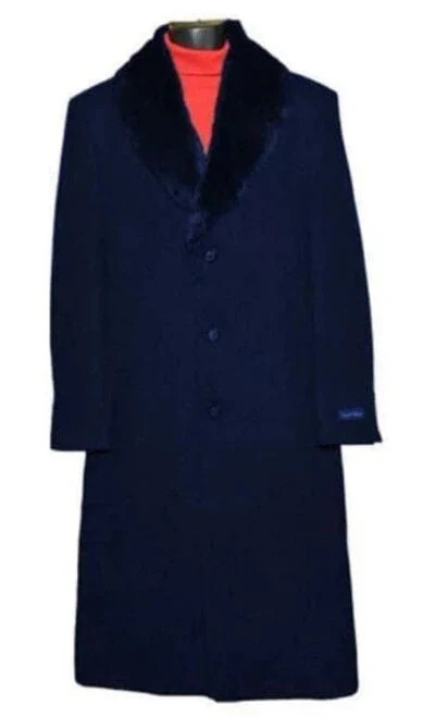 Men’s Dark Navy Blue Long Overcoat with Faux Fur Collar, Classic Winter Dress Coat for Formal - Image 10