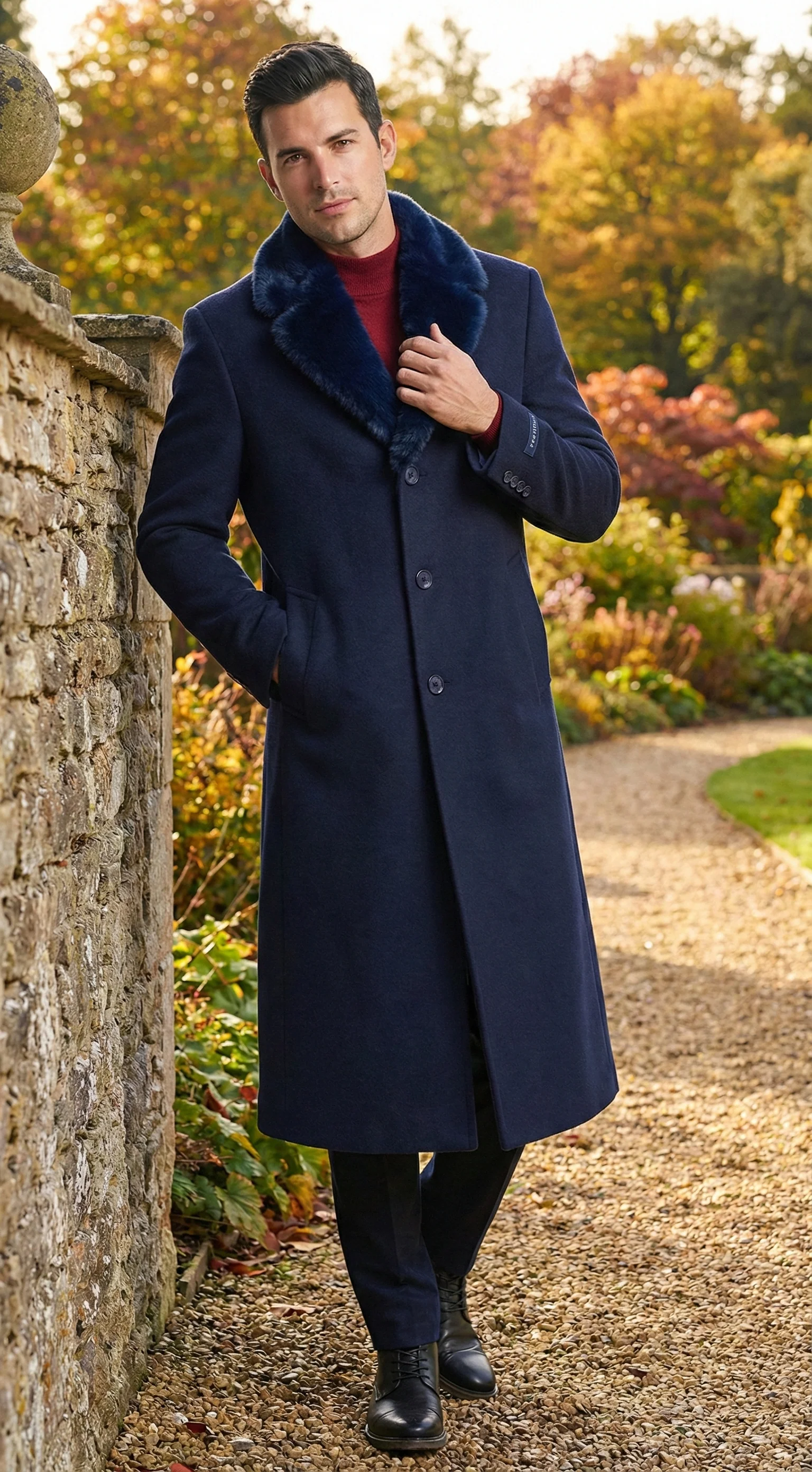 Men’s Dark Navy Blue Long Overcoat with Faux Fur Collar, Classic Winter Dress Coat for Formal - Image 5