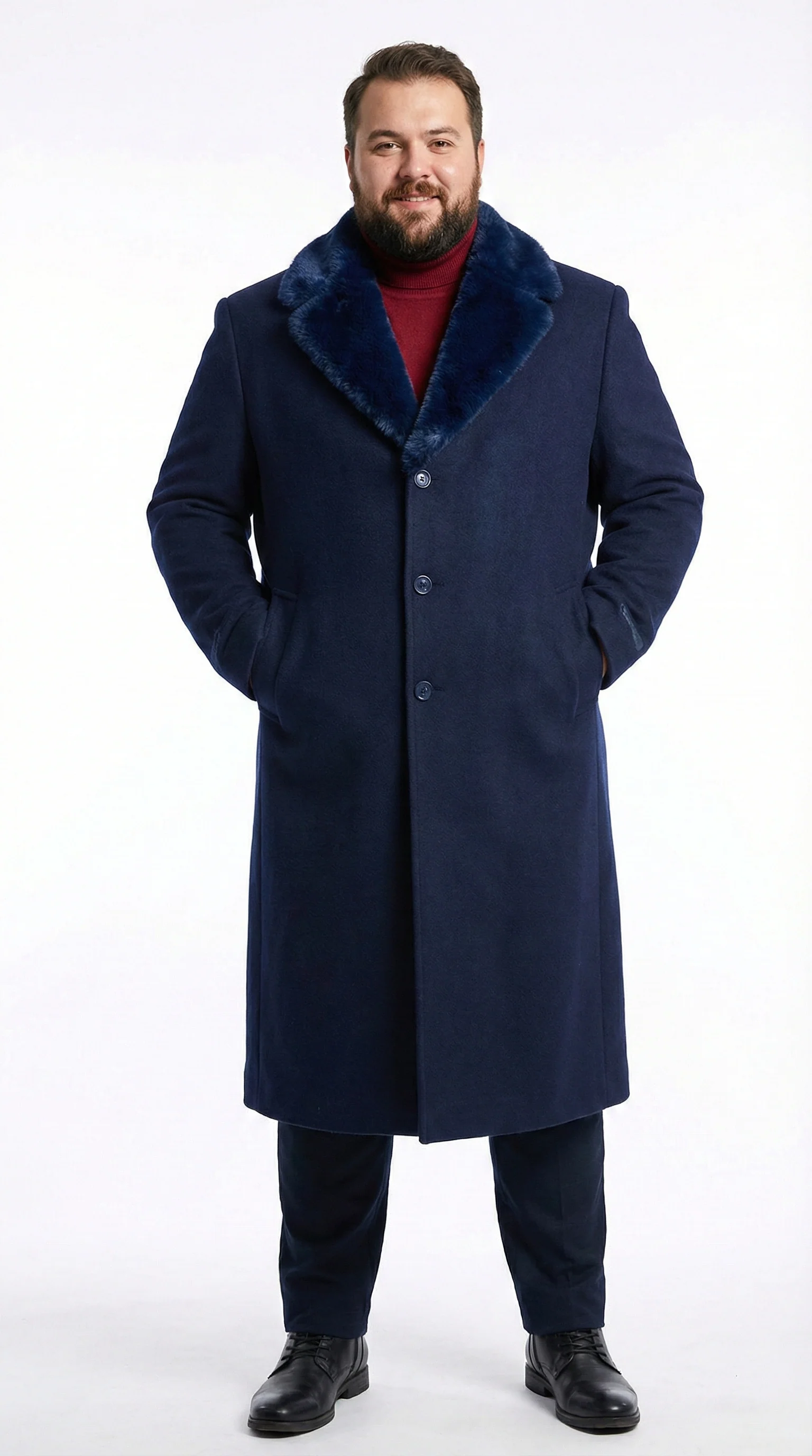 Men’s Dark Navy Blue Long Overcoat with Faux Fur Collar, Classic Winter Dress Coat for Formal - Image 6