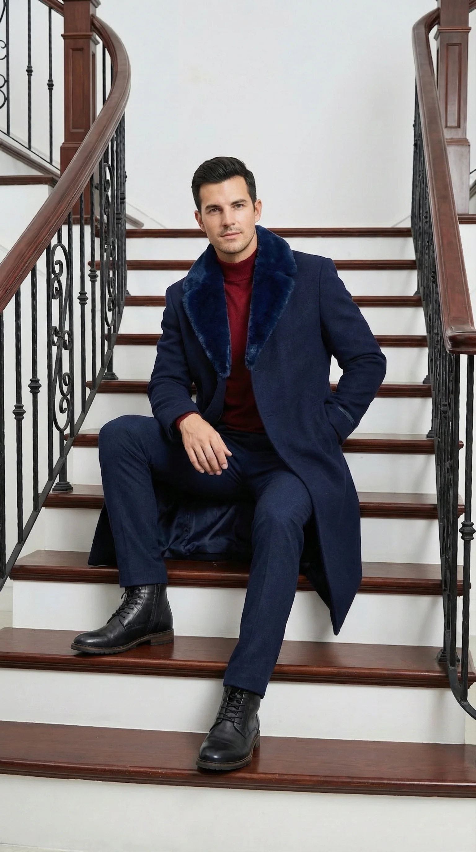 Men’s Dark Navy Blue Long Overcoat with Faux Fur Collar, Classic Winter Dress Coat for Formal - Image 8