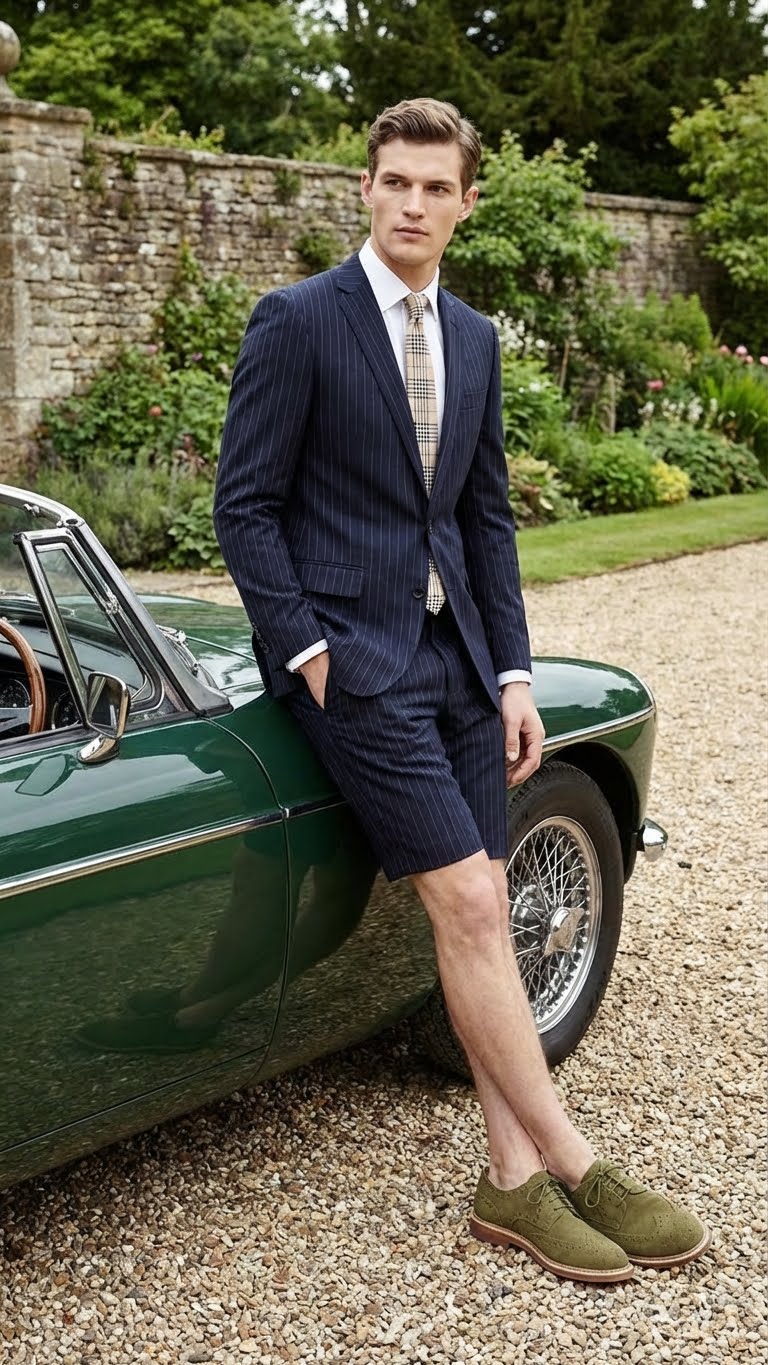 Men’s Dark Navy Blue Pinstripe or Black Pinstripe  Summer Business Suit with Shorts Pants Set – Sport Coat Style Formal and Casual Outfit - Image 10