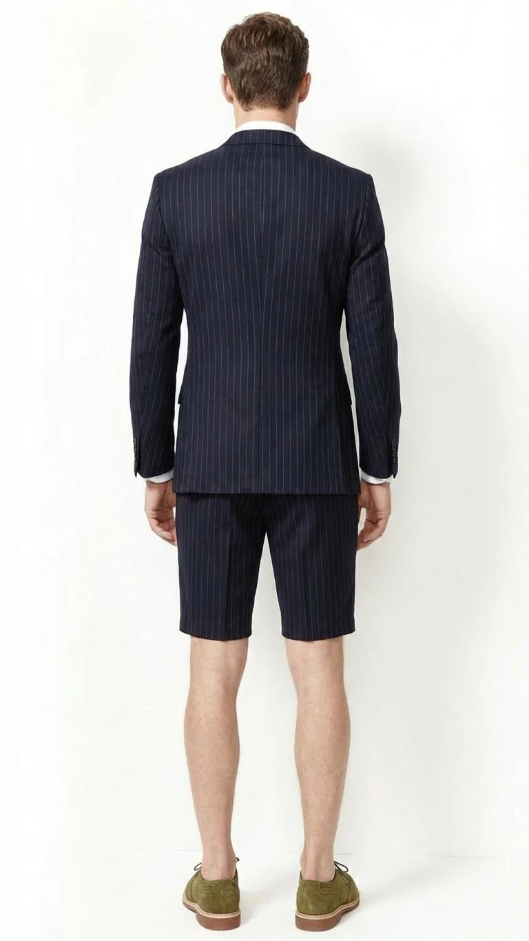 Men’s Dark Navy Blue Pinstripe or Black Pinstripe  Summer Business Suit with Shorts Pants Set – Sport Coat Style Formal and Casual Outfit - Image 2