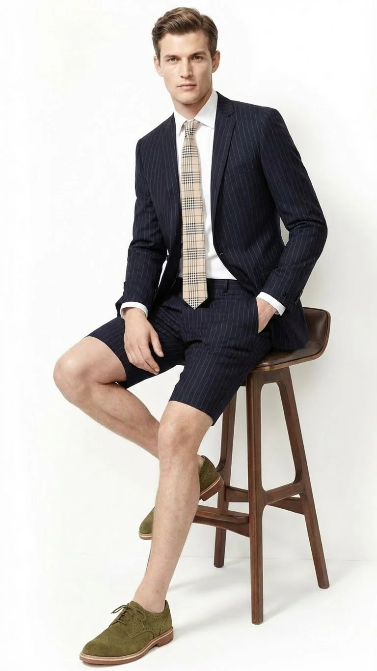 Men’s Dark Navy Blue Pinstripe or Black Pinstripe  Summer Business Suit with Shorts Pants Set – Sport Coat Style Formal and Casual Outfit - Image 3