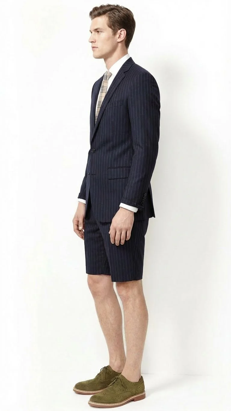 Men’s Dark Navy Blue Pinstripe or Black Pinstripe  Summer Business Suit with Shorts Pants Set – Sport Coat Style Formal and Casual Outfit - Image 4