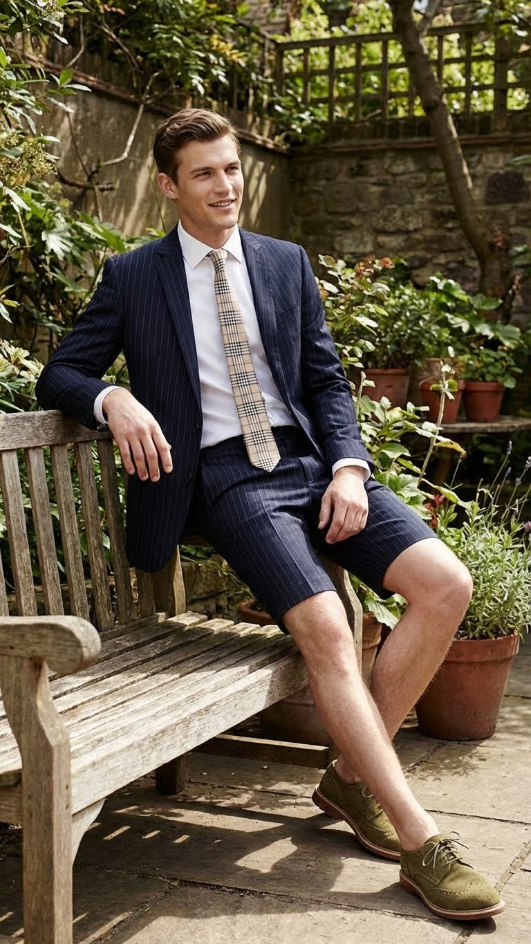 Men’s Dark Navy Blue Pinstripe or Black Pinstripe  Summer Business Suit with Shorts Pants Set – Sport Coat Style Formal and Casual Outfit - Image 5