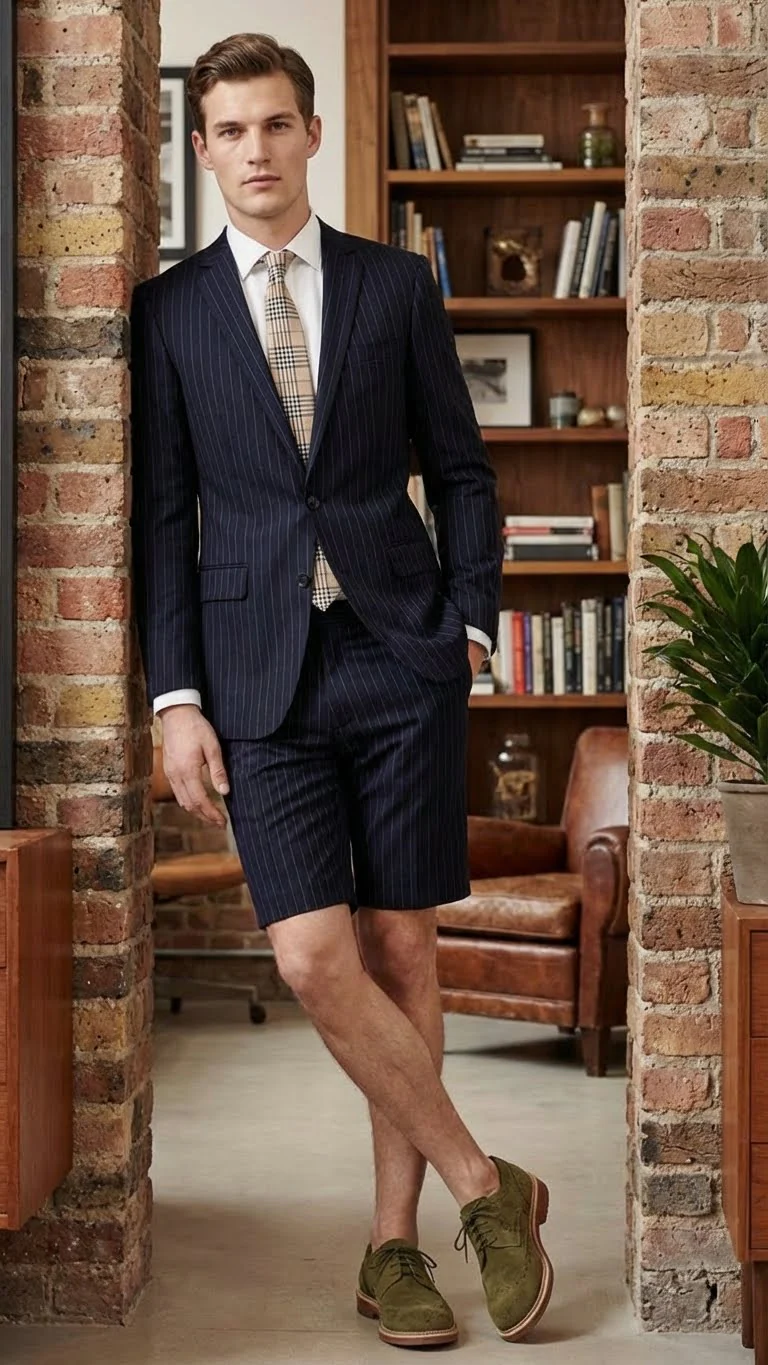 Men’s Dark Navy Blue Pinstripe or Black Pinstripe  Summer Business Suit with Shorts Pants Set – Sport Coat Style Formal and Casual Outfit - Image 9