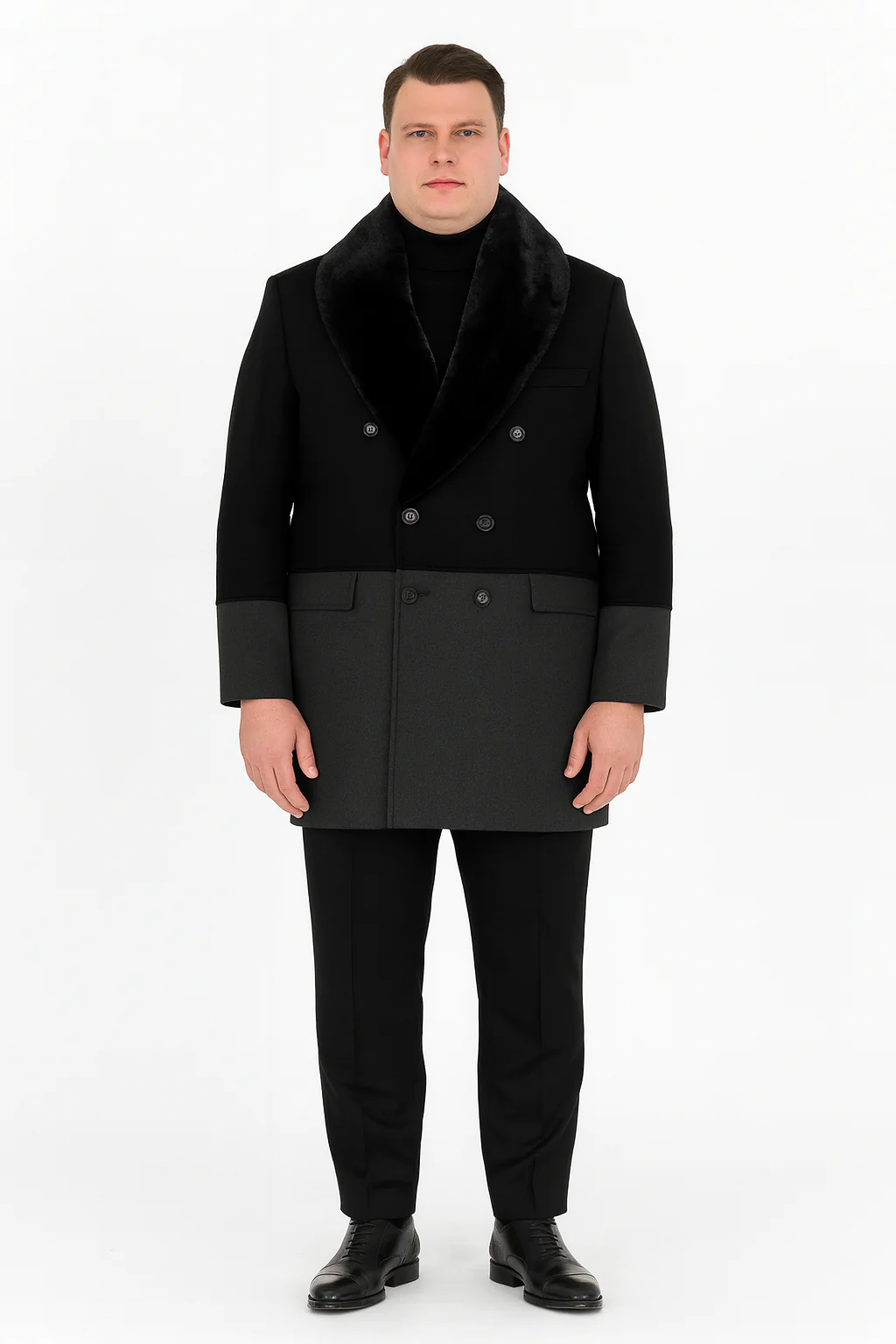 Men’s Double-Breasted Wool Overcoat with Faux Fur Shawl Collar – Classic Winter Dress Coat in Half Black and Charcoal - Image 4