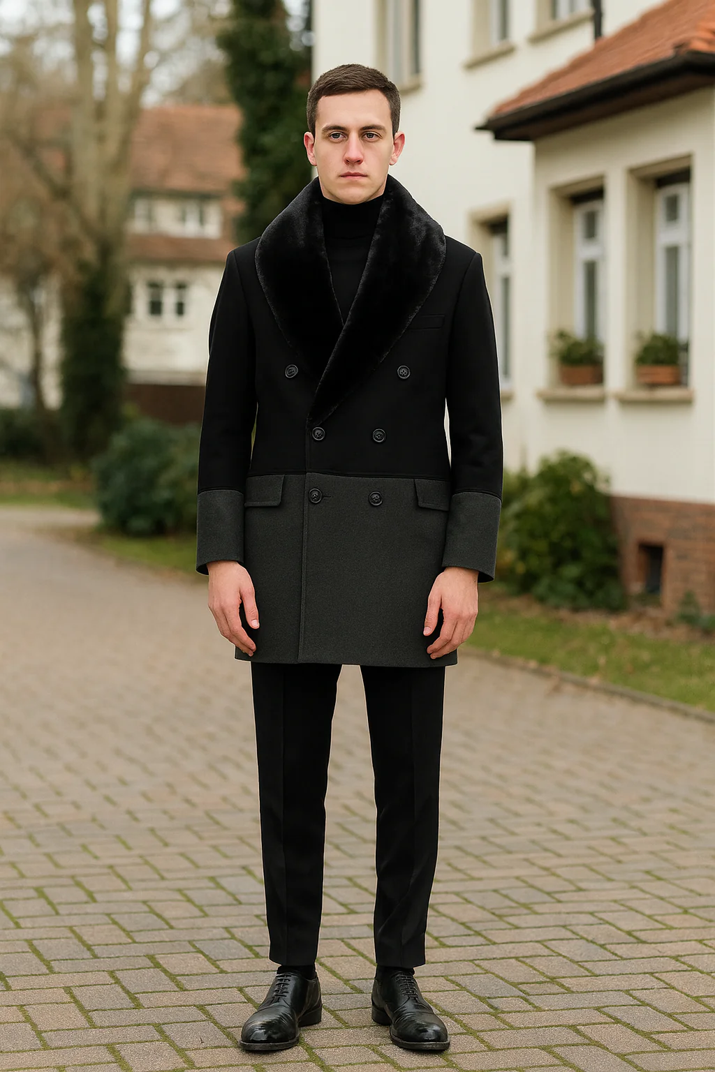 Men’s Double-Breasted Wool Overcoat with Faux Fur Shawl Collar – Classic Winter Dress Coat in Half Black and Charcoal - Image 5