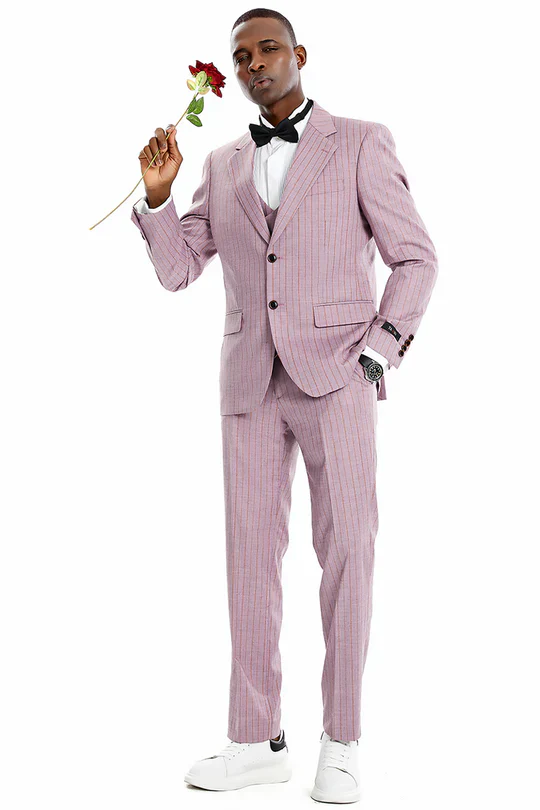 Men’s Dusty Rose Pink Pinstripe Three Piece Suit with Vest | Wedding and Party Formal Wear Prom or Church Suit - Image 11
