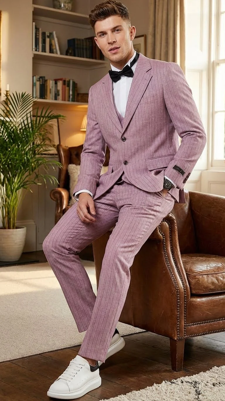 Men’s Dusty Rose Pink Pinstripe Three Piece Suit with Vest | Wedding and Party Formal Wear Prom or Church Suit - Image 4