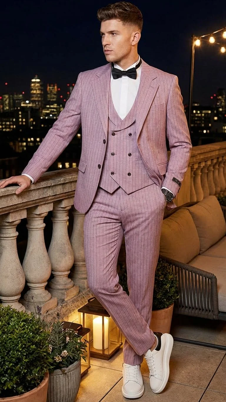 Men’s Dusty Rose Pink Pinstripe Three Piece Suit with Vest | Wedding and Party Formal Wear Prom or Church Suit - Image 9