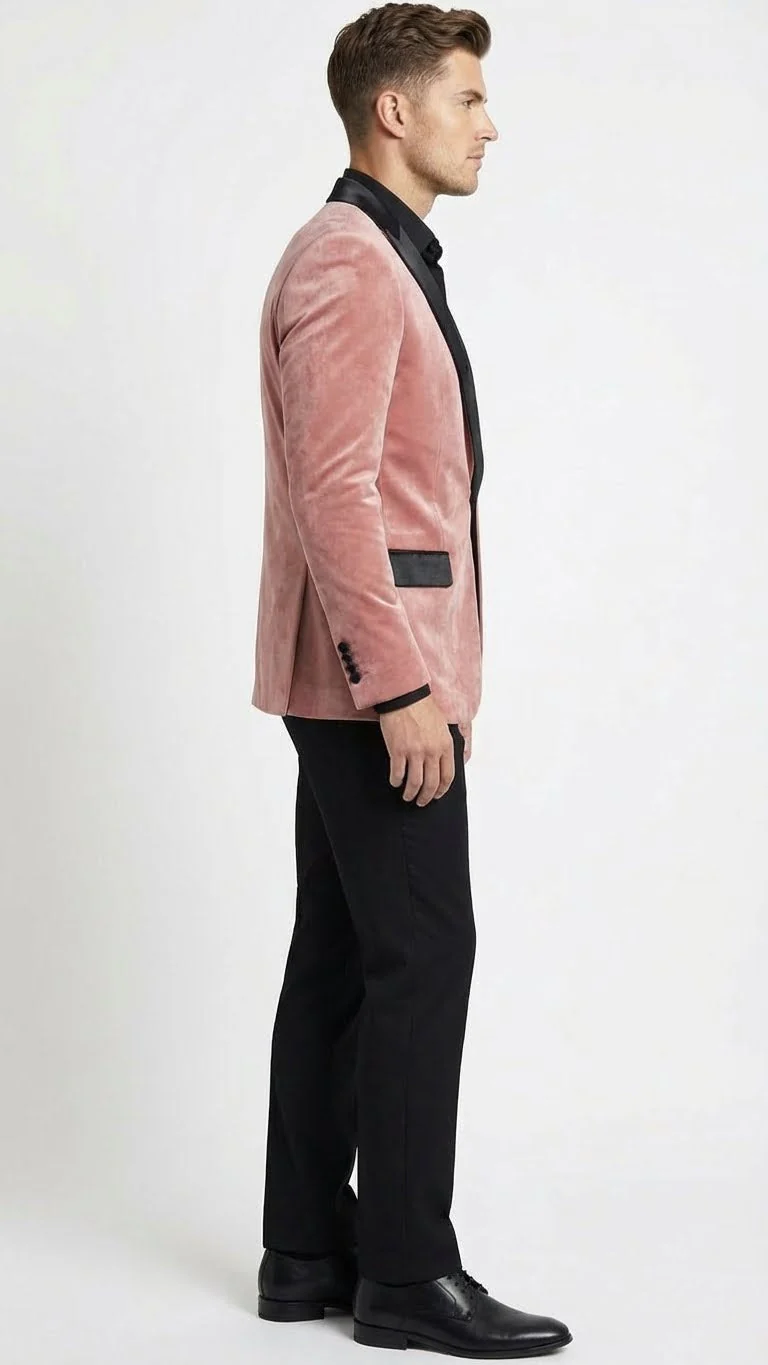 Men’s Dusty Rose Pink Velvet Blazer with Black Satin Lapel | Formal Sport Coat in Mauve Color + Bowtie - Image 3