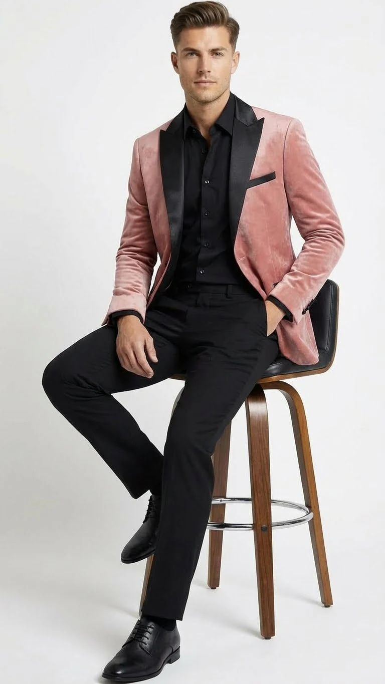 Men’s Dusty Rose Pink Velvet Blazer with Black Satin Lapel | Formal Sport Coat in Mauve Color + Bowtie - Image 4