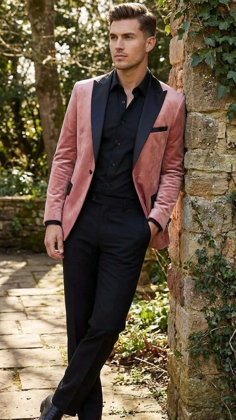Men’s Dusty Rose Pink Velvet Blazer with Black Satin Lapel | Formal Sport Coat in Mauve Color + Bowtie - Image 5