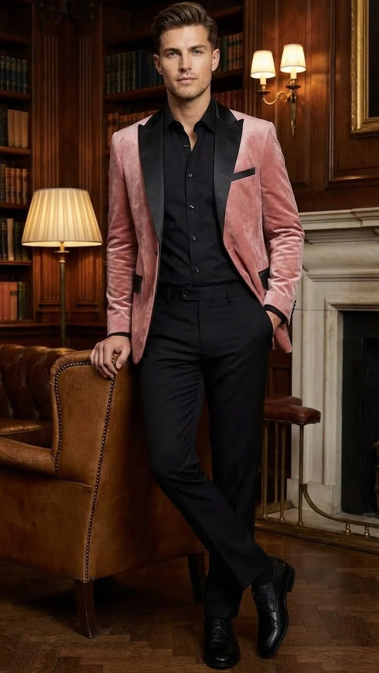 Men’s Dusty Rose Pink Velvet Blazer with Black Satin Lapel | Formal Sport Coat in Mauve Color + Bowtie - Image 9