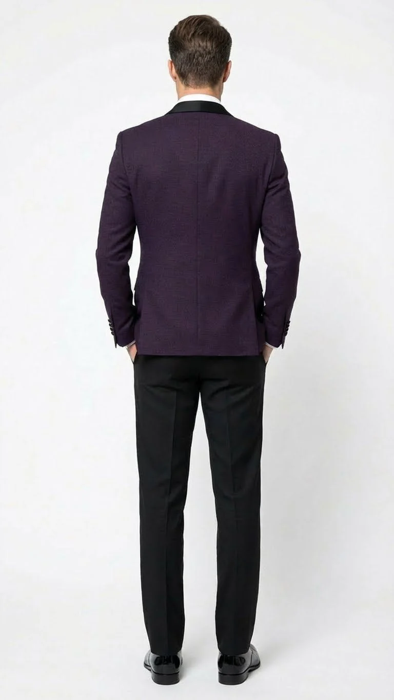 Men’s Eggplant Plum Purple Tuxedo Blazer with Satin Lapel, White Tuxedo Shirt and Matching Purple Bow Tie - Slim Fitted - Prom wedding Suit With Pants - Image 2