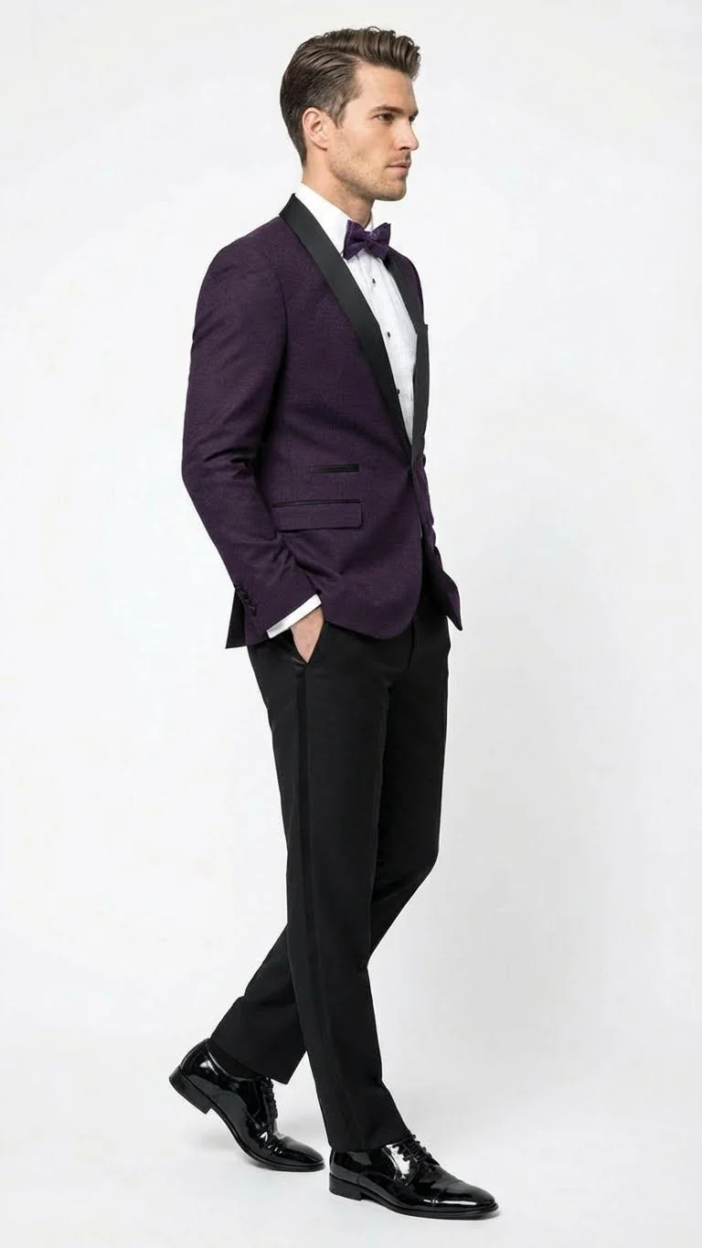 Men’s Eggplant Plum Purple Tuxedo Blazer with Satin Lapel, White Tuxedo Shirt and Matching Purple Bow Tie - Slim Fitted - Prom wedding Suit With Pants - Image 3