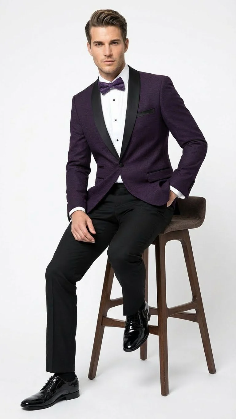 Men’s Eggplant Plum Purple Tuxedo Blazer with Satin Lapel, White Tuxedo Shirt and Matching Purple Bow Tie - Slim Fitted - Prom wedding Suit With Pants - Image 4