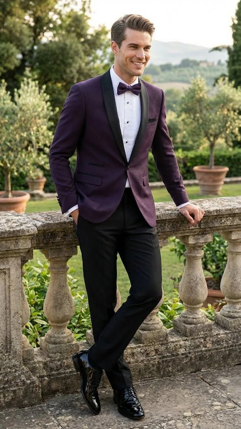 Men’s Eggplant Plum Purple Tuxedo Blazer with Satin Lapel, White Tuxedo Shirt and Matching Purple Bow Tie - Slim Fitted - Prom wedding Suit With Pants - Image 5