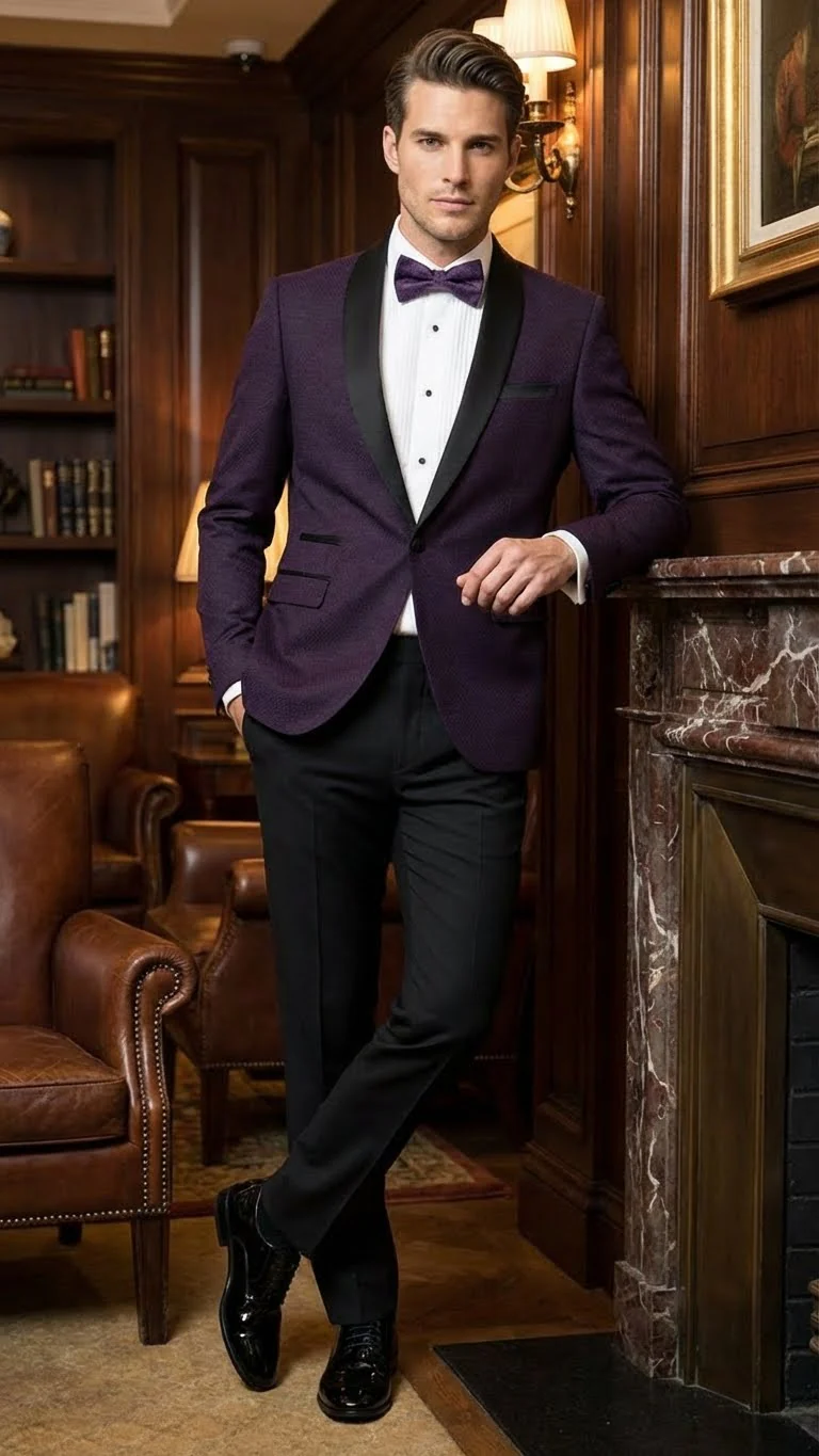 Men’s Eggplant Plum Purple Tuxedo Blazer with Satin Lapel, White Tuxedo Shirt and Matching Purple Bow Tie - Slim Fitted - Prom wedding Suit With Pants - Image 7