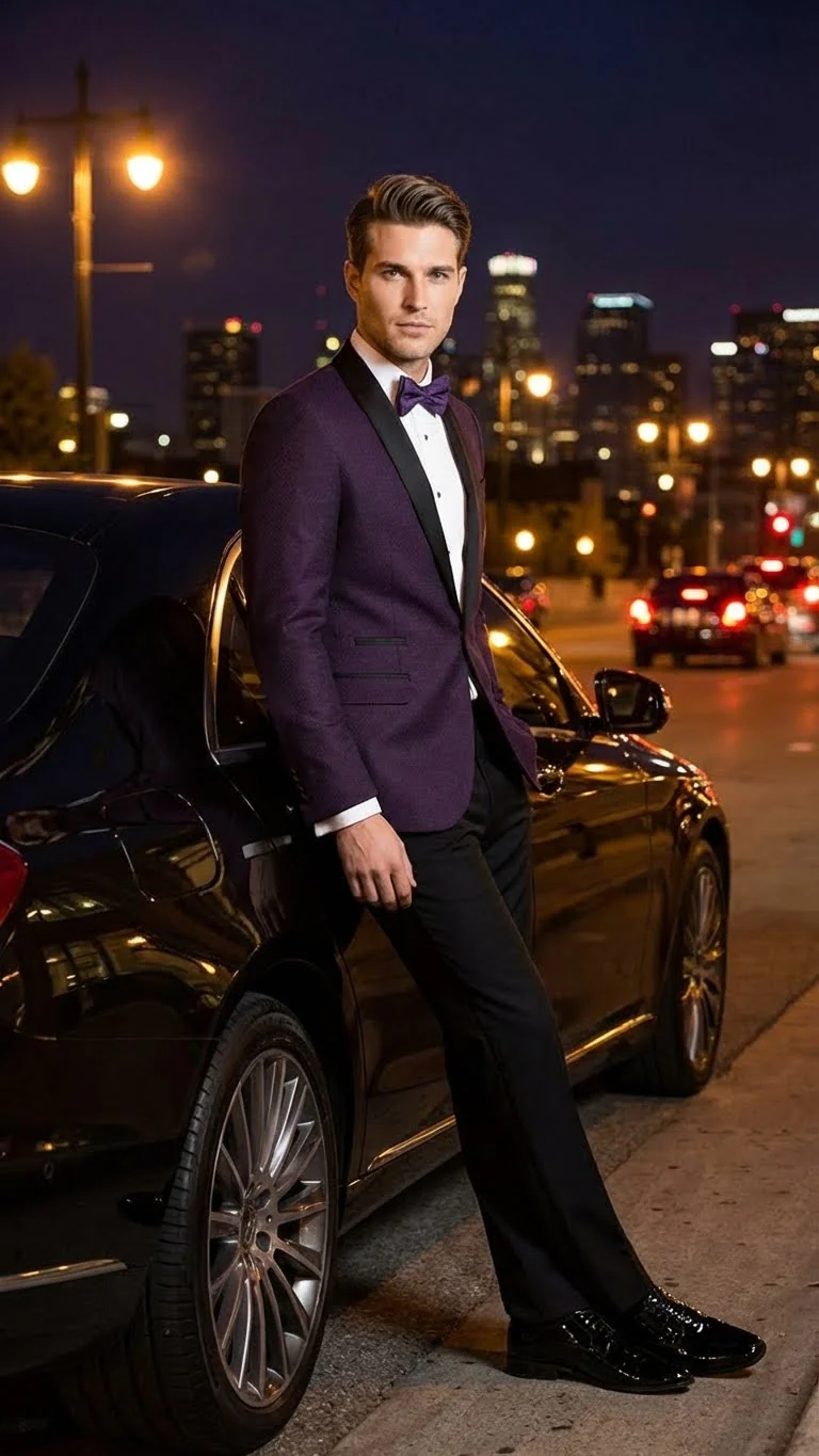 Men’s Eggplant Plum Purple Tuxedo Blazer with Satin Lapel, White Tuxedo Shirt and Matching Purple Bow Tie - Slim Fitted - Prom wedding Suit With Pants - Image 8