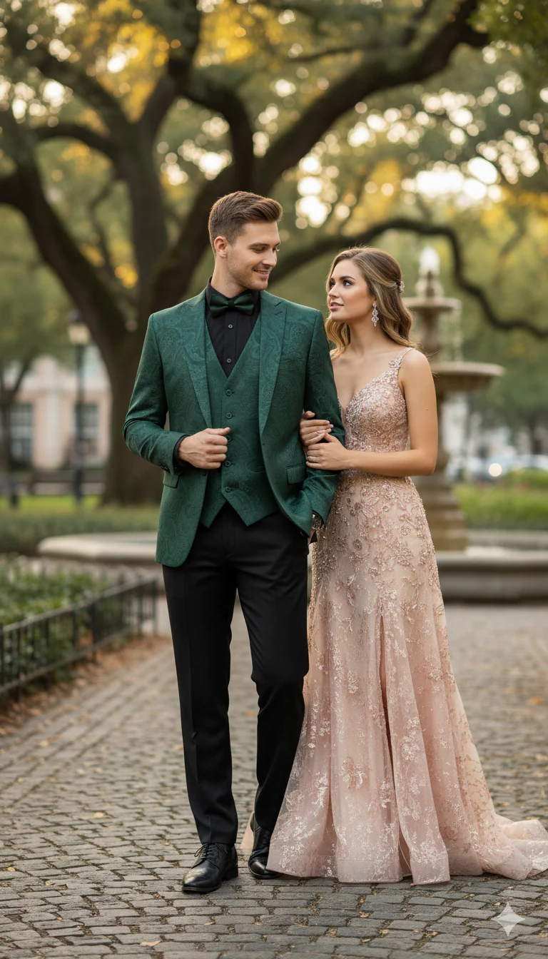 Men’s Emerald Green Paisley Tuxedo 3-Piece Suit – Slim Fit Formal Blazer, Vest, and Pants for Weddings, Proms - Image 4
