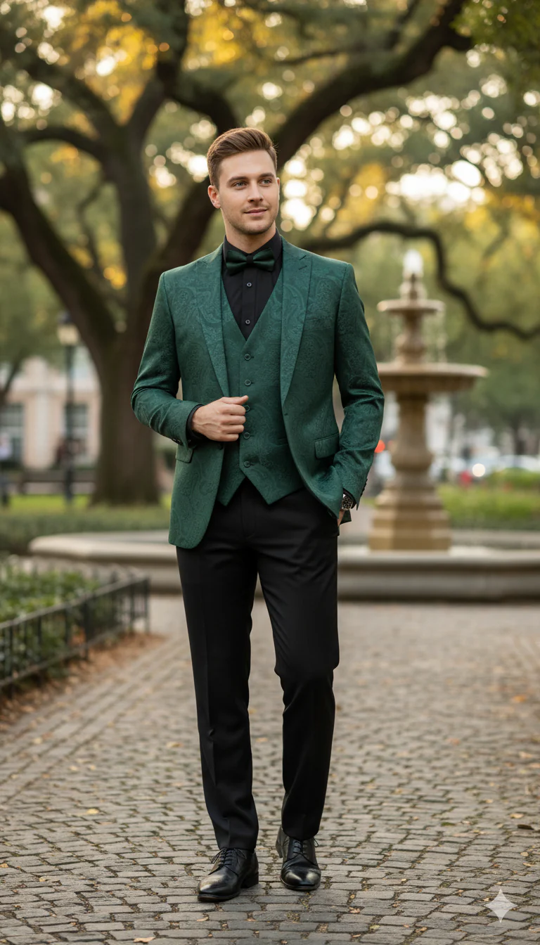 Men’s Emerald Green Paisley Tuxedo 3-Piece Suit – Slim Fit Formal Blazer, Vest, and Pants for Weddings, Proms - Image 5