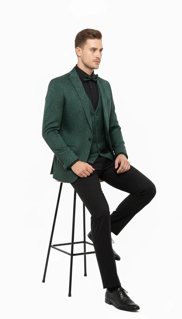 Men’s Emerald Green Paisley Tuxedo 3-Piece Suit – Slim Fit Formal Blazer, Vest, and Pants for Weddings, Proms - Image 6