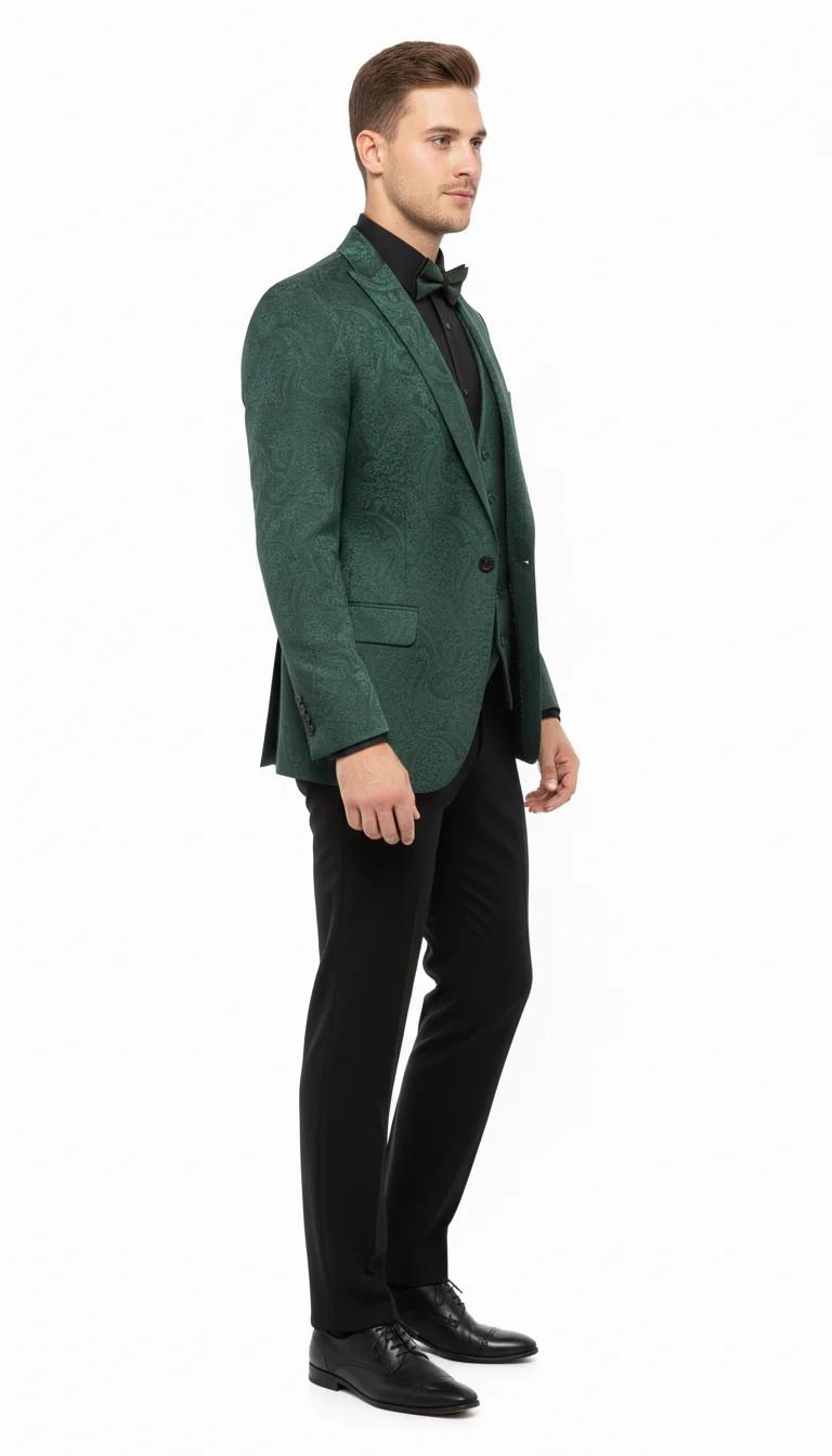 Men’s Emerald Green Paisley Tuxedo 3-Piece Suit – Slim Fit Formal Blazer, Vest, and Pants for Weddings, Proms - Image 7