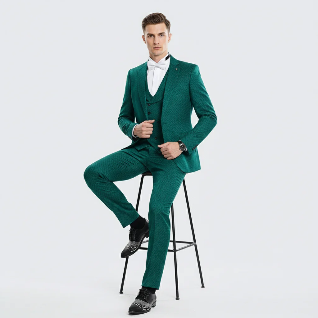 Men’s Emerald Green Textured 3-Piece Suit – Polk Dot Pattern Formal Wedding, Prom, and Evening Wear Outfit - Image 4
