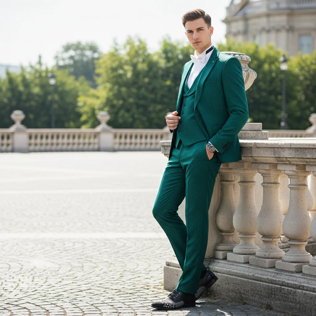 Men’s Emerald Green Textured 3-Piece Suit – Polk Dot Pattern Formal Wedding, Prom, and Evening Wear Outfit - Image 5
