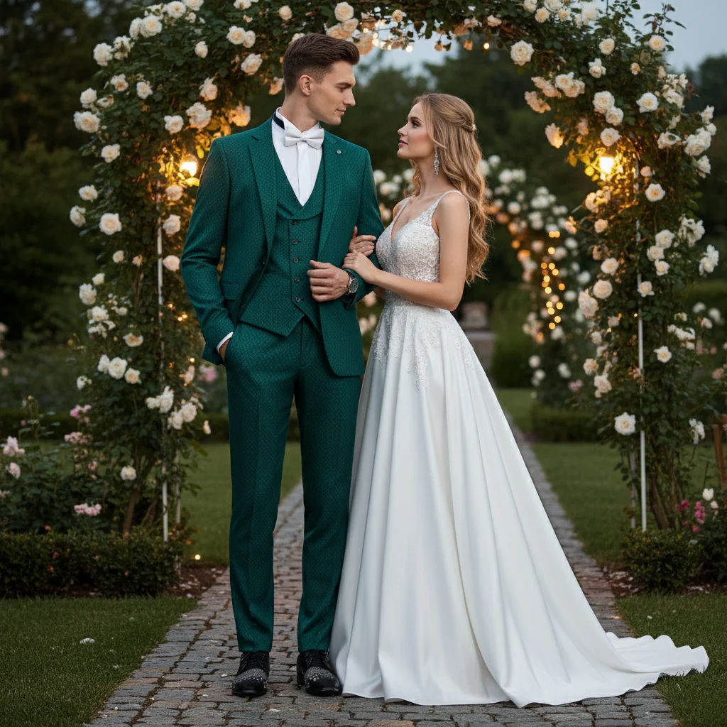 Men’s Emerald Green Textured 3-Piece Suit – Polk Dot Pattern Formal Wedding, Prom, and Evening Wear Outfit - Image 6